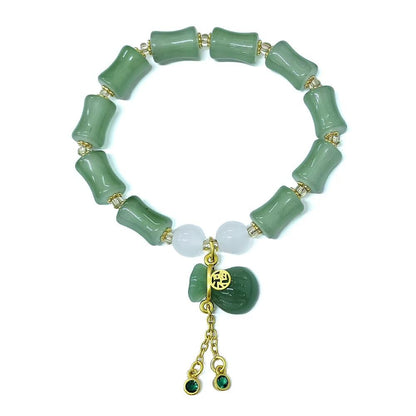 Zhang shine Bamboo Bracelet Jade Stones Lucky Money Bag Pendant Charm Stretch Beaded Bracelets For Women Fengshui Jewelry-Green White Lucky