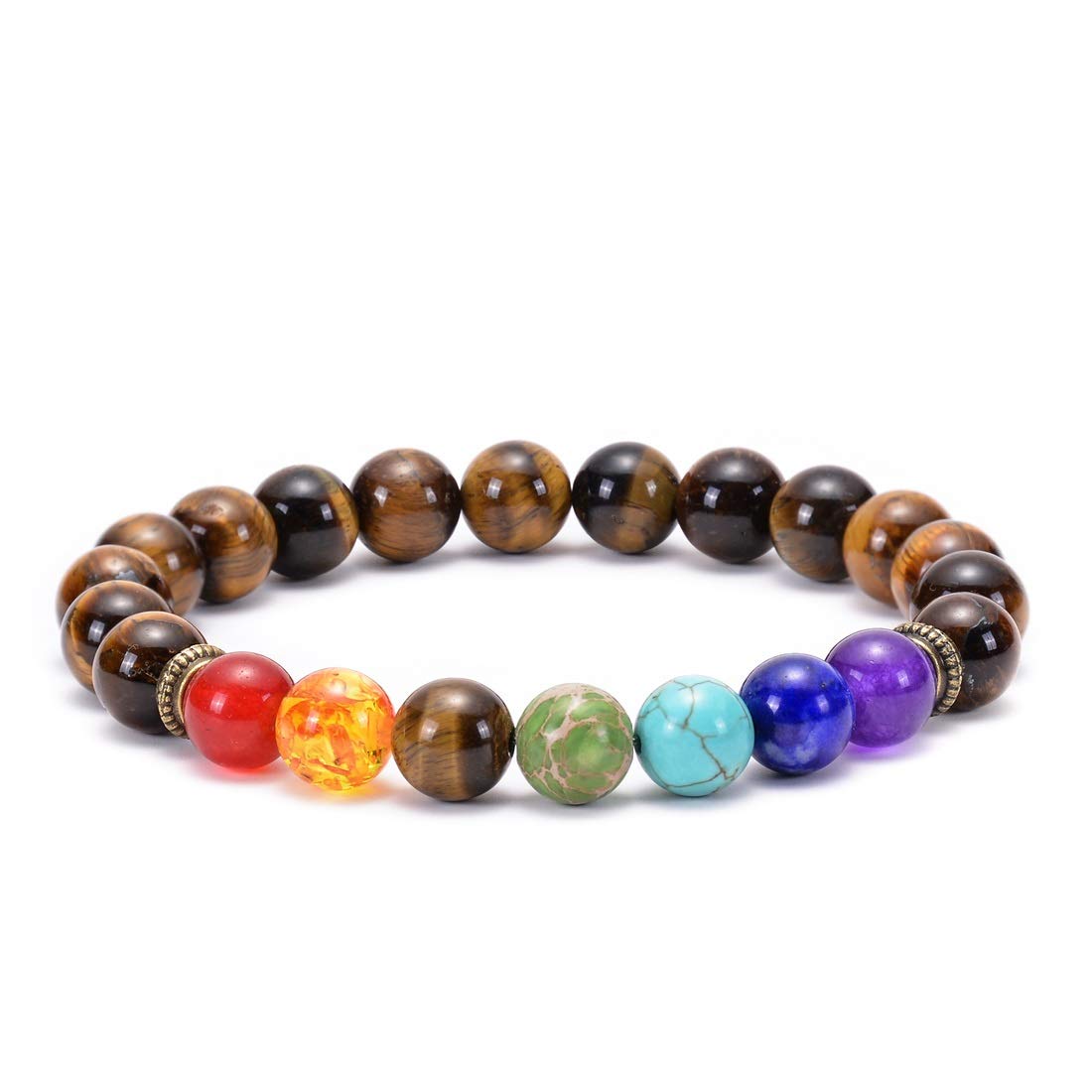 GelConnie Chakra Bracelet 8mm Natural Stone 7 Chakra Tiger Eye Elastic Bead Bracelet Reiki Healing Energy Stretch Bracelet Anti Anxiety Relax Bangle Meditation Balance Yoga Bracelet for Women Men