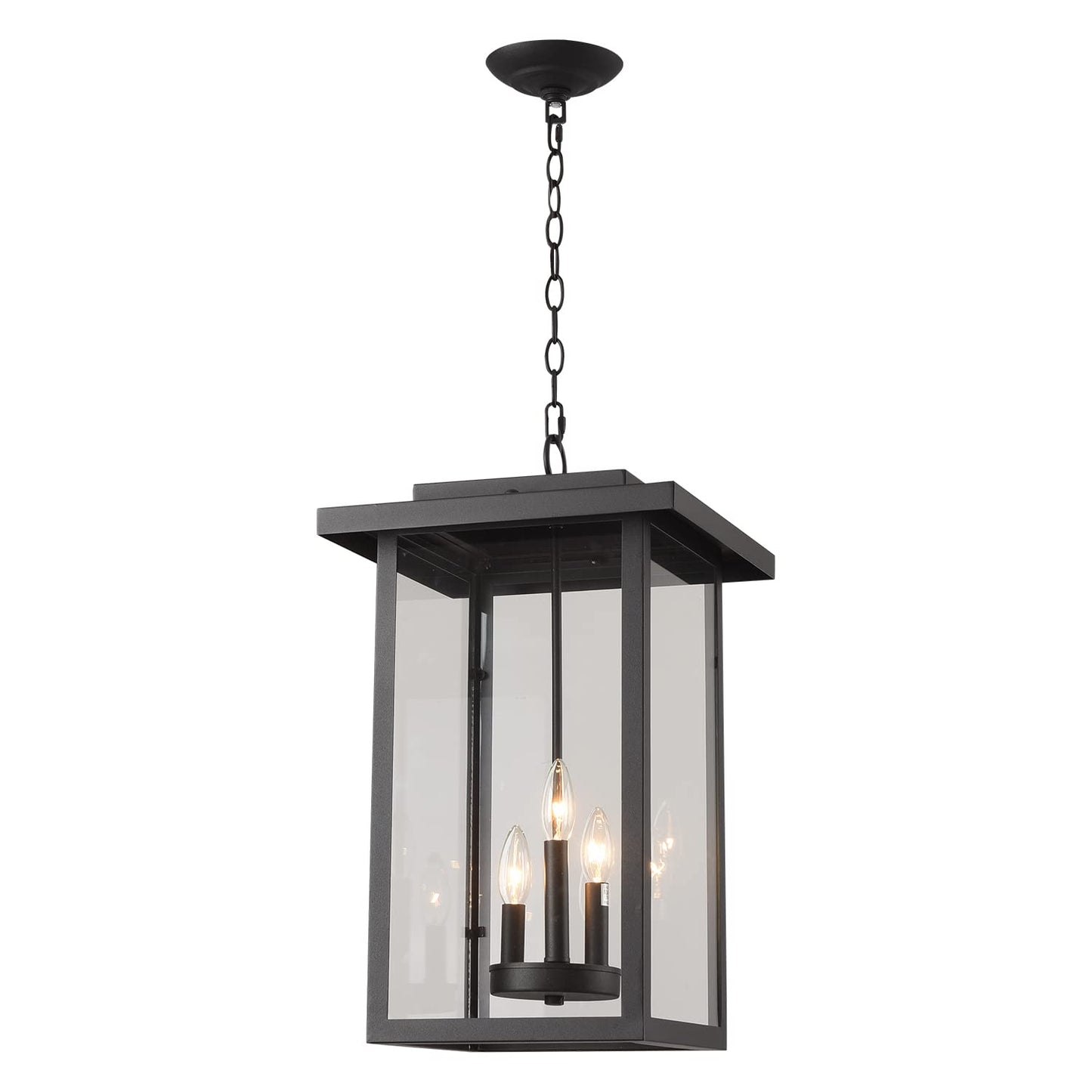 Smeike Outdoor Pendant Light Exterior Hanging Lantern, Large Outdoor Hanging Porch Light, Matte Black Finish with Clear Glass, 3 Light Outdoor Chandelier