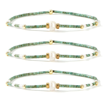 Opalencian Aventurine Pearl Beaded Stackable Bracelet for Women,3PCS/set Stack Green Beads Bracelet Charm Jewelry Gifts Friendship