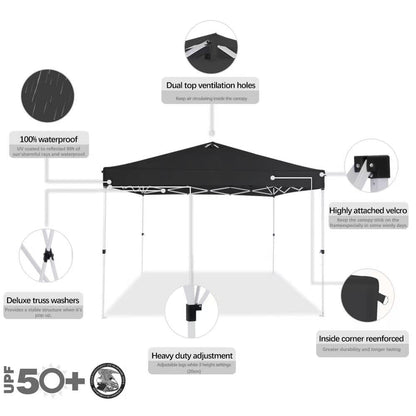10x10 Pop Up Canopy,Event Tent – One-Person Setup, Waterproof & UV-Blocking, Heavy-Duty Steel Frame, Wheeled Bag & Sandbags – Outdoor Shade for Beach, Camping, Backyard, Tailgate (Black)