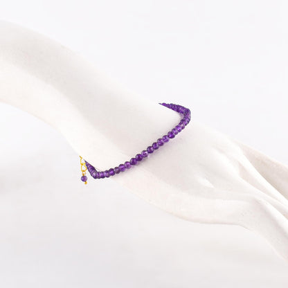 Natural Purple Amethyst Gemstone Micro Beads Dainty Bracelet Jewelry for Women, February Birthstone, Chakra Energy Crystals, 14k Gold Plated Chain 8 inch Adjustable