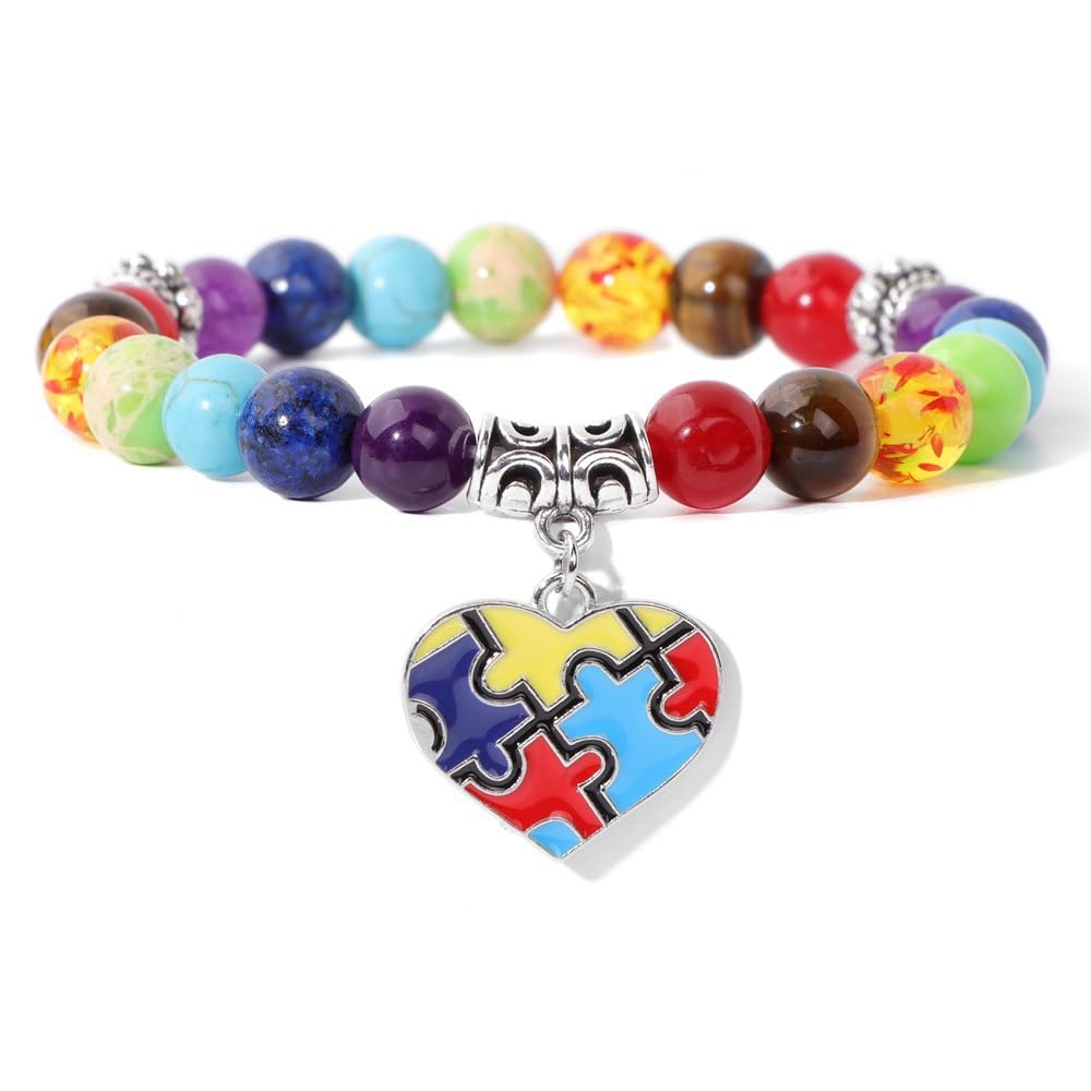 ChungLong0593 Autism Awareness Bracelet - 7 Chakra Gemstone Natural Stone Beaded Bracelet - Colorful Puzzle Cross Love Round Pendant - Autism Gift - Love