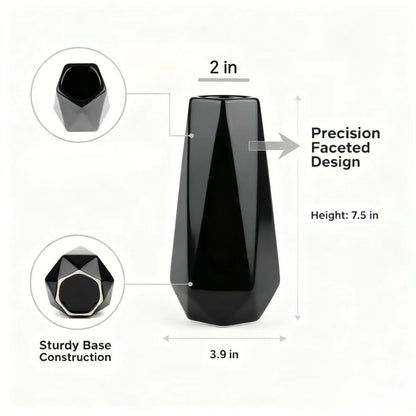 Modern Black Ceramic Vase, 7.5 Inch Geometric Flower vases, Minimalist Design for Table Shelf Centerpiece Home Decor Fit for Housewarming, Weddings, Birthday,Christmas