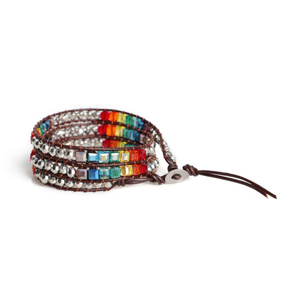 YGLINE Bohemian Style Multilayer Leather Wrap Bracelet Handmade Crystal Chakra Glass Beaded Stone Bracelet for Women