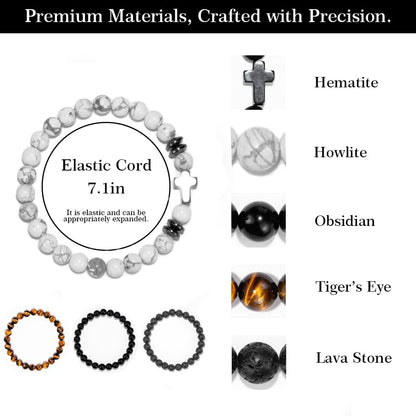 Crystery Men Beaded Bracelets, 8mm Natural Stone Bracelet, Healing Crystal, Jewelry Gifts for men, Triple Protection, Howlite, Tiger Eye, Black Obsidian Beads Bracelets, Lava Rock, Pack of 4