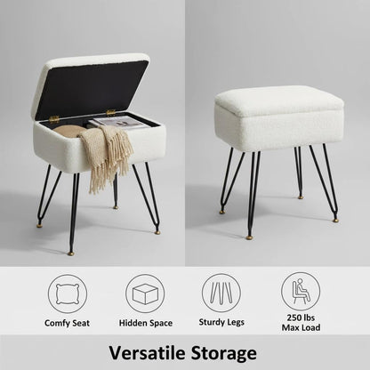 Leesingdo Vanity Stool Chair, Faux Teddy Fur Ottoman Foot Stool with Metal Legs & Adjustable Black Feet, Flip Top Storage Makeup Chair with Soft Padded Seat, Foot Rest for Makeup Room Bedroom, White