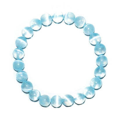 Natural Selenite Bracelet 8mm | Aqua Blue | Crown Chakra Crystal with Cat-eye Effect | Handmade Meditation Healing Bracelet for Women Men | Beading Tool Kit - Fits for 6.5-7.5 inch Wrist Size