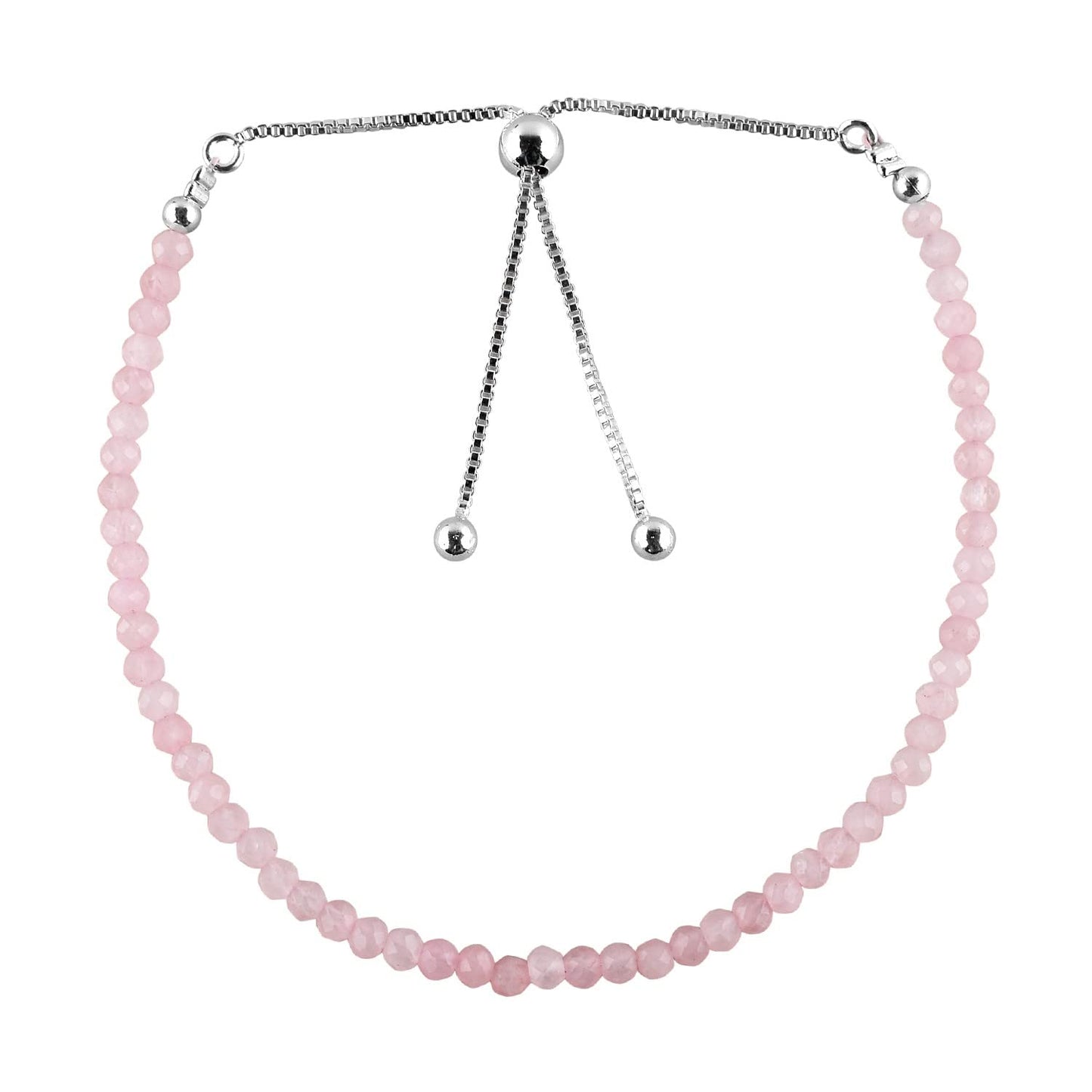 ZEMBIENCE Natural Rose Quartz Gemstones Bolo Bracelet, Micro-Faceted Beads Stones, Chakra Healing Crystals, Silver Plated, Adjustable Slider, Birthstones, Handmade, Women Jewelry, Valentine Gifts, 10"
