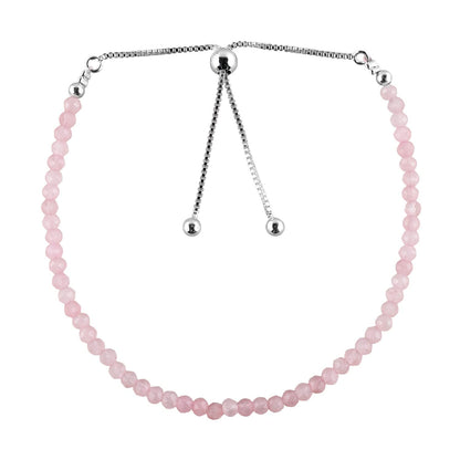 ZEMBIENCE Natural Rose Quartz Gemstones Bolo Bracelet, Micro-Faceted Beads Stones, Chakra Healing Crystals, Silver Plated, Adjustable Slider, Birthstones, Handmade, Women Jewelry, Valentine Gifts, 10"