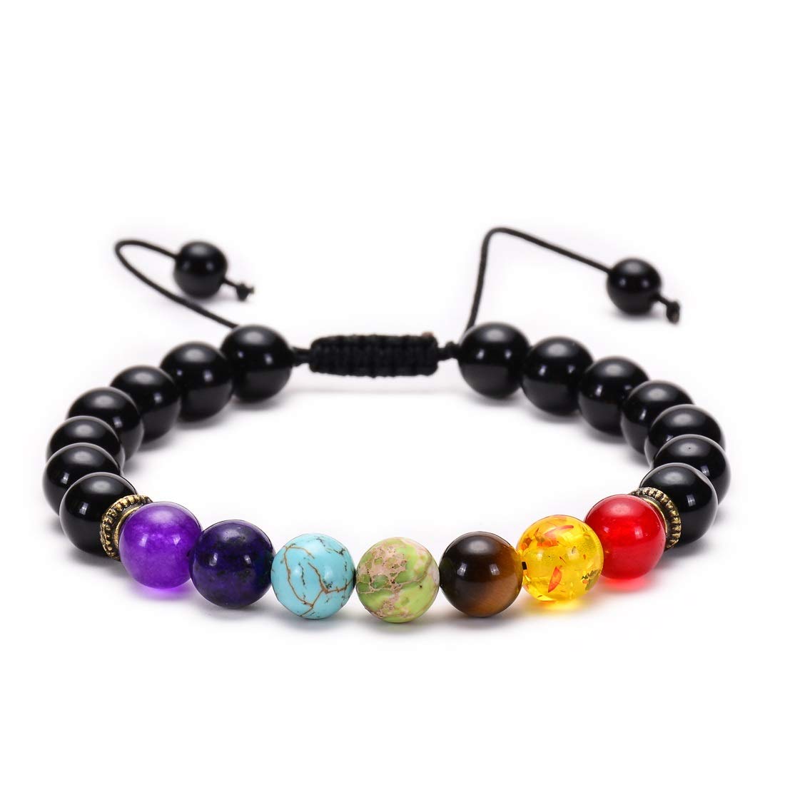 GelConnie 7 Chakra Bracelets 8mm Black Agate Chakra Stone Healing Crystal Bracelet Braided Rope Yoga Bead Bracelets Meditation Relief Anxiety Bangle Relax Energy Balance Gift for Women, Men
