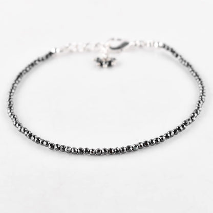 QNAVIC Hematite Gemstone Micro Round Beads Danity Choker Bangle Bracelets for Women, Handmade Jewelry Healing Chakra Crystals, Silver Plated 8 inch Number Beads for Bracelets Gift for Her.
