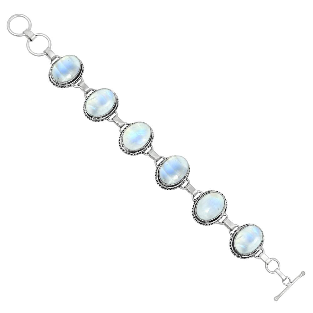 Natural Moonstone Silver Plated Handmade Link Bracelet for Women - White Stone Oval Shape Gemstones June Birthstone Adjustable Bracelet - Wedding Gifts for Her