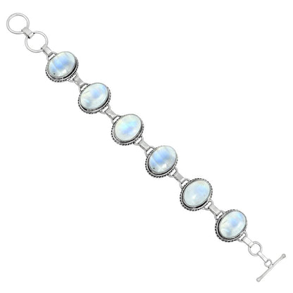 Natural Moonstone Silver Plated Handmade Link Bracelet for Women - White Stone Oval Shape Gemstones June Birthstone Adjustable Bracelet - Wedding Gifts for Her