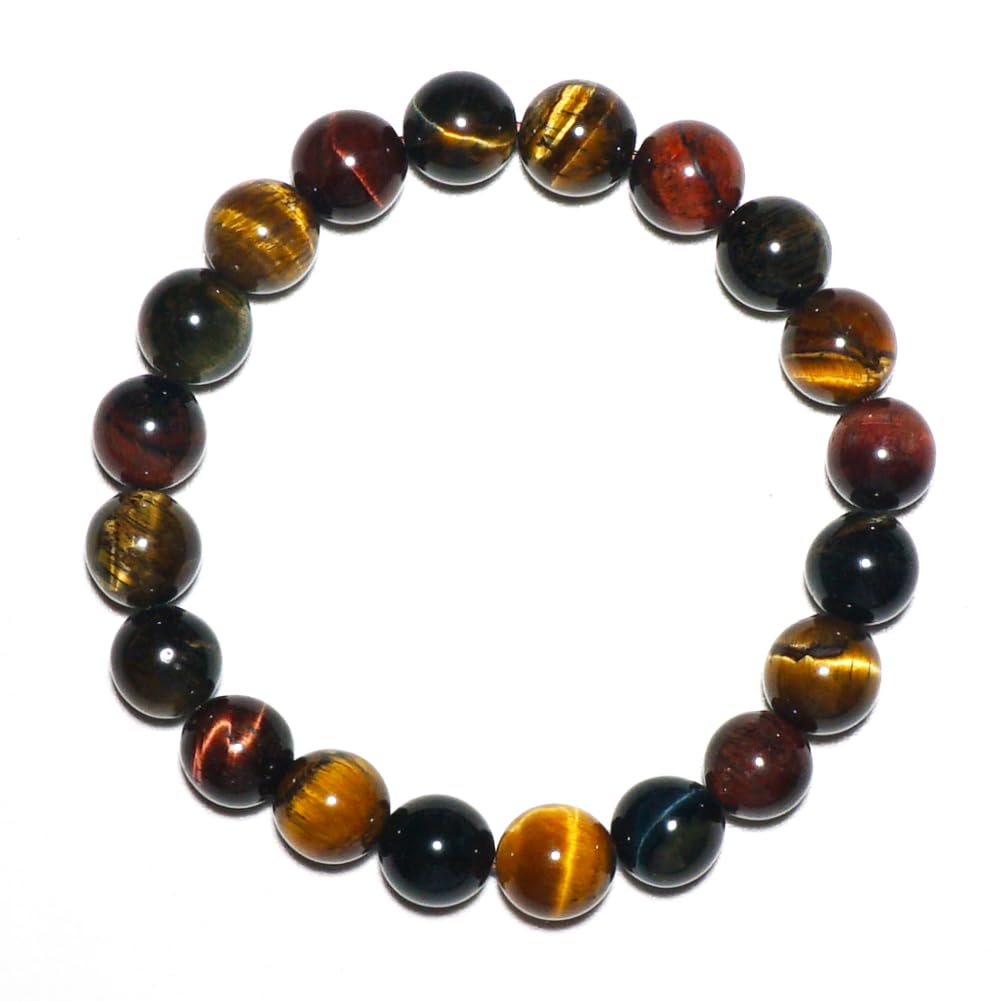 TaHLga Mixed Tigers Eye Mens Bracelet 10MM | Mixed Red Gold Blue | Fits for About 7.5" Large Wrist | Natural Solar Plexus Chakra Gemstones | Bring Luck Wealth Courage | Protection from Evil | Gift