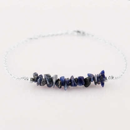Gemimpression Handmade Bar Bracelet – Natural Sodalite Chip Nuggets – Energy Healing & Clarity – Silver Plated Adjustable Chain – Boho Chic – 8 Inch Adjustable – Christmas Gift