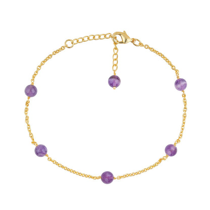 Jewel of Rocks Amethyst Beaded Anklet Bracelet, Handmade Craft, Beads, Chakra Healing, Gemstone Women Jewelry, Hypoallergenic Gold Plated Brass 9 inch + 1.5 inch (1pcs)