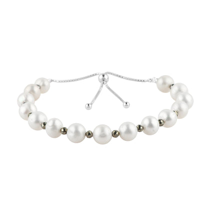 CRYSTALIS Natural Pyrite And Freshwater Pearl Beaded Bracelet, Elegant Beads Crystal, Chakra Bracelet, Healing Bracelet, Gemstone Jewelry, Friendship Bracelet, 925 Sterling Silver Slider 10 inch