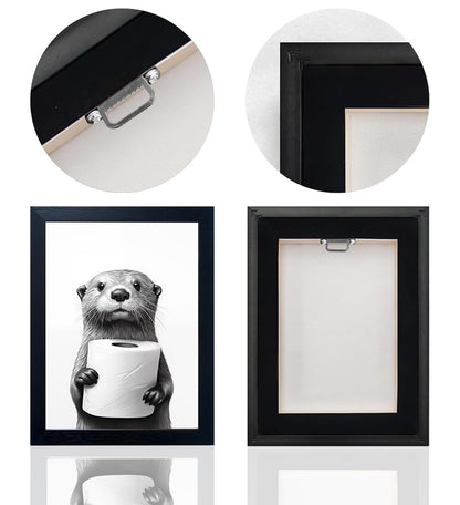 Bathroom Picture Wall Decor, Framed Black and White Bathroom Wall Art, Toilet Paper in Little Funny Raccoon's Hand Animal Canvas Print Painting