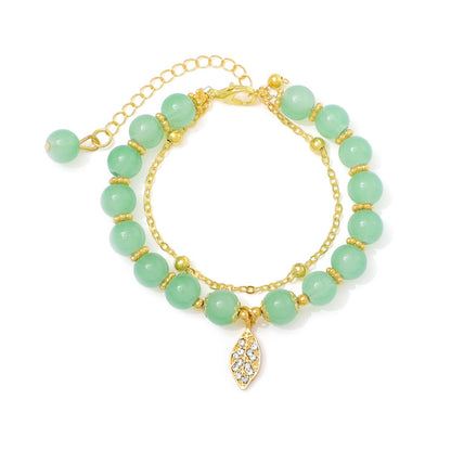 Jade Bracelet for Women Gold Leaf Peanut Apricot Leaves Bracelet Dainty Beaded Jade Bracelet Adjustable Double Layer Bracelet Lucky Green Jade Jewelry (Leaf)