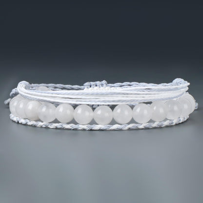 QOGIR Handmade Healing Bracelets,8mm Natural White Jade Gem Stone Beads Bracelet for Men Women Gifts with 2PCS Size Adjustable Rope Bracelets
