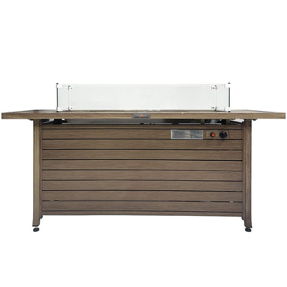 57 Inch 50000BTU Fire Table with Glass Wind Guard, with Cover and Table Lid, Nature Wood Coating