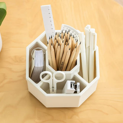 kaileyouxiangongsi Desk Organizer, 360-Degree Rotating Multi-Functional Pen Holder, 5 Compartments Desktop Stationary Organizer, Home Office Art Supply Storage Box Caddy (White)