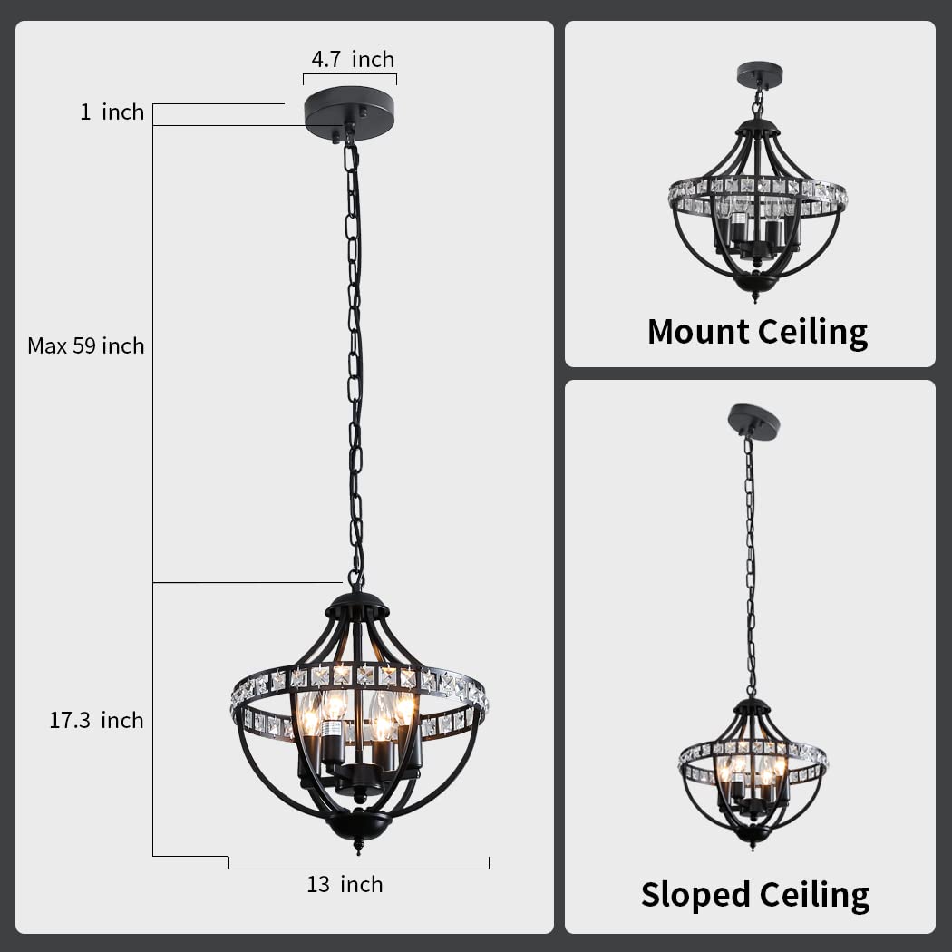 Lanpesting Crystal Chandelier Light Fixtures, 4-Lights Farmhouse Rustic Vintage Black Pendant Hanging Lighting Ceiling Chandeliers for Kitchen Island Dining Room Living Room Bedroom Foyer Hallway