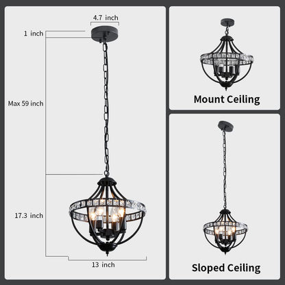 Lanpesting Crystal Chandelier Light Fixtures, 4-Lights Farmhouse Rustic Vintage Black Pendant Hanging Lighting Ceiling Chandeliers for Kitchen Island Dining Room Living Room Bedroom Foyer Hallway
