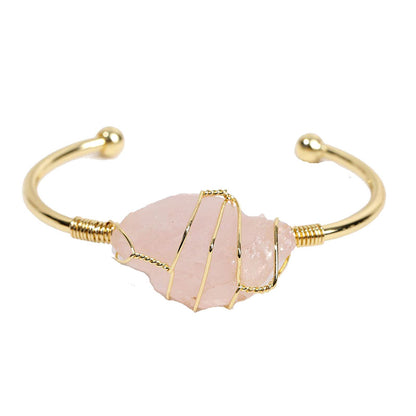 COLORFUL BLING Healing Stone Gold Plated Copper Wire Wrapped Natural Stone Cuff Bangle Gemstone Bracelet Chakra Energy Women Adjustable Open Bracelet Jewelry-C pink