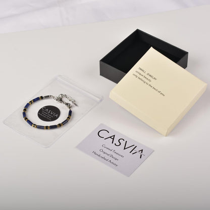 Casvia Men's Indigo Blue Stone Beaded Bracelet, Obsidian & Hematite, Stainless Steel Dual-Clasp, Adjustable, Durable Daily Wear, Azure Veil, Ideal Gift for Men Dad Boyfriend Son
