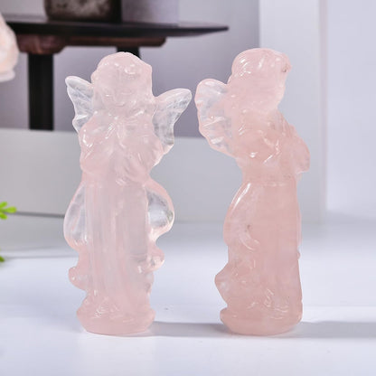 JIC Gem 3.9 Inch Rose Quartz Prayer Angel Healing Crystal Guardian Angel Figurine Pink Hand Carved Gemstone Statue 1pc