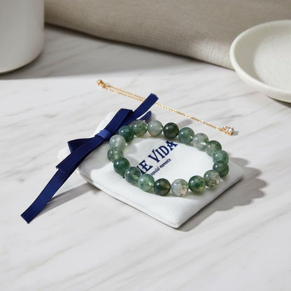 The Vida Handmade AAA+ Quality Crystal Stretch Elastic Bracelet - Nature Gemstone - Jewelry Gift - Holiday Gift - For Women & Men (Moss Agate)