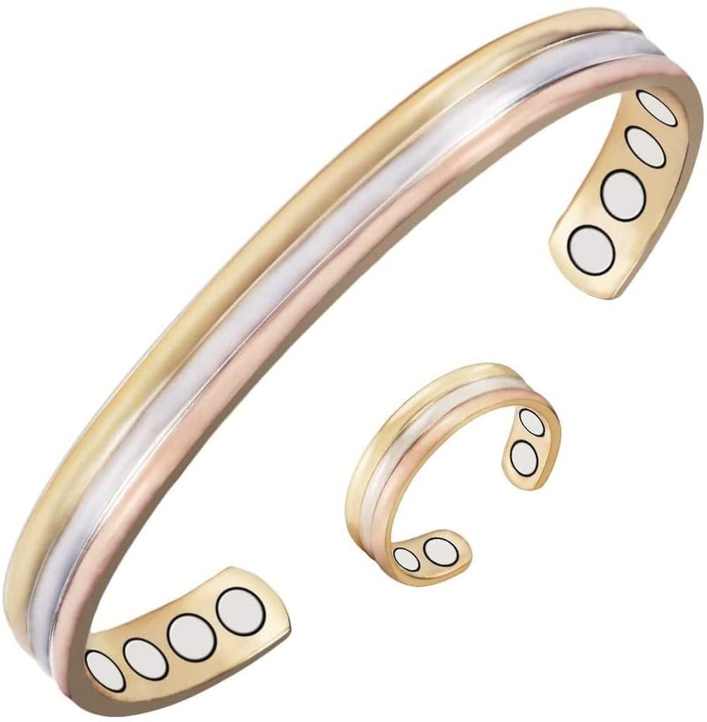 YINOX (CPB-0945SRG CPR-0013) Tri Tone Magnetic Copper Bracelet Ring Set for Arthritis for Women Health Jewelry