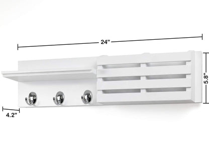Greenco Entryway Wall Mounted Floating Shelf Letter Holder with Hooks, Hat and Coat Wooden Hanging Storage Shelf, 24” – White