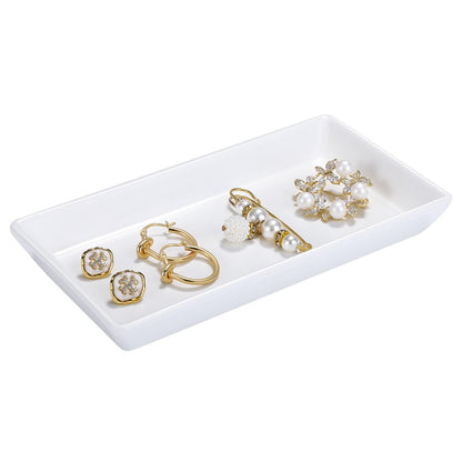 Emibele Jewelry Tray, Small Rectangle Ceramic Vanity Tray Jewelry Dish, Trinket Perfume Tray for Cosmetics, Rings, Bathroom Kitchen Soap, White