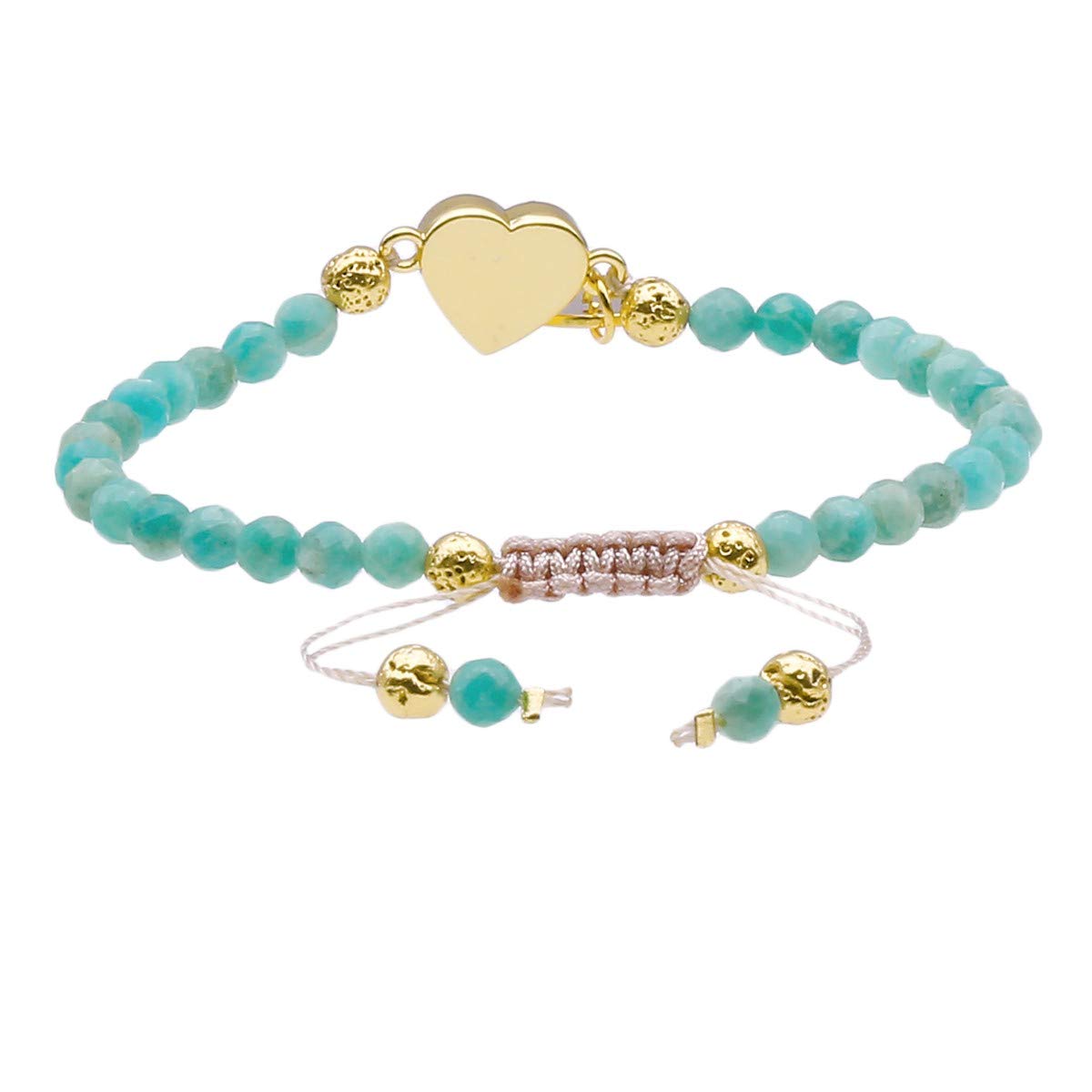 Nupuyai 4mm Faceted Stone Beads Bracelet for Women Men, Adjustable Healing Crystal Chakra Bracelet with Druzy Heart Charms, Amazonite