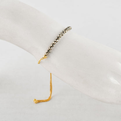 InfinityGemsArt Golden Pyrite Bracelets For Women Natural Birthstone Jewelry Micro Beads Beaded Stone Bolo Slider Crystals Gemstones, 14K Gold Plated Adjustable Chain, Gifts For Her