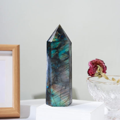 Runyangshi Large Labradorite Healing Crystal Wand 4.72"-5.12" Crystal Tower 6 Faceted Single Point Crystal Prism Wand Natural Quartz Stones for Meditation Reiki Chakra Therapy Home Decor Gift