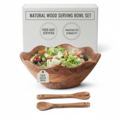 Melvvi Large Wooden Salad Bowl Set with 2 Serving Utensils | 12" Acacia Wood Bowls for Food | Great Mothers Day gift (Natural Set of 3)