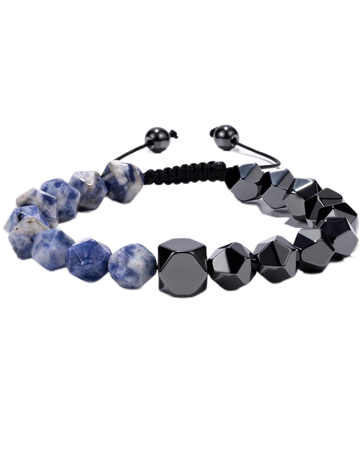 Beaded Bracelet for Men, 10mm Natural Stones Bracelet for Men's Gift, Adjustable Precision-Cut Gemstone Crystal Healing Bracelet, Protection Jewelry Gift with Hematite, Tiger Eye (Blue Spot Stone & Hematite)