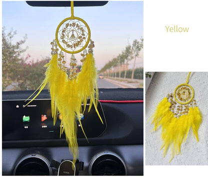 Small Dream Catcher for Car Handmade Boho Hanging Decor for Car Interior Rear View Mirror Feathers Dream Catchers Charms Ornament(Yellow)