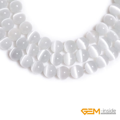 GEM-Inside Cat Eye Gemstone Loose Beads 8mm Round White Crystal Energy Stone Power Beads for Jewelry Making 15"