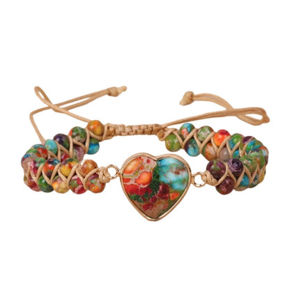 7 Chakra Healing Natural Stone Heart Wrap Bracelet for Women Colorful Emperor Beaded Health Balance Love Heart Friendship Boho Strands Bracelets Handmade Genuine Leather Trendy Jewelry Bff Gifts (Colorful)
