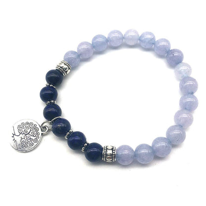 Blue Chalcedony & Lapis Lazuli Bracelet – 8mm Natural Gemstone Beads with Tree of Life Charm – Handmade Stretch Bracelet for Women and Men – Yoga Girl USA