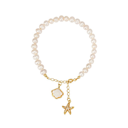 Sylph Baroque Pearl Bracelet for Women Natural Freshwater Pearl Bracelet with Starfish shells Gold Link Chain Bracelet Ladies Wife
