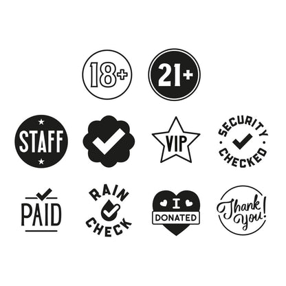 COLOP Printer R17 Event Hand Stamp Set with UV Ink, Special Event Supplies, Multiple Designs, Self-Inking, 10 Designs, 2 Stamps, Perfect for Festivals, Concerts, Bars