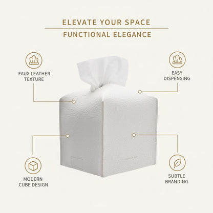 Tissue Box Cover Holder, Square with Bottom Belt by Carrot's Den - PU Leather Decorative Organizer for Tabletop, Bathroom, Car, Office | Pure White