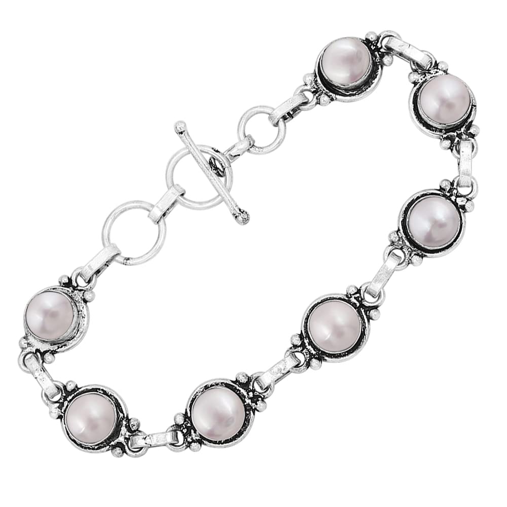 Natural Pearl 925 Silver Plated June Birthstone Adjustable Bracelet for Women - White Gemstone Handmade Vintage Style Bohemian Jewelry Bracelet - Mother's Day Gifts for Mom