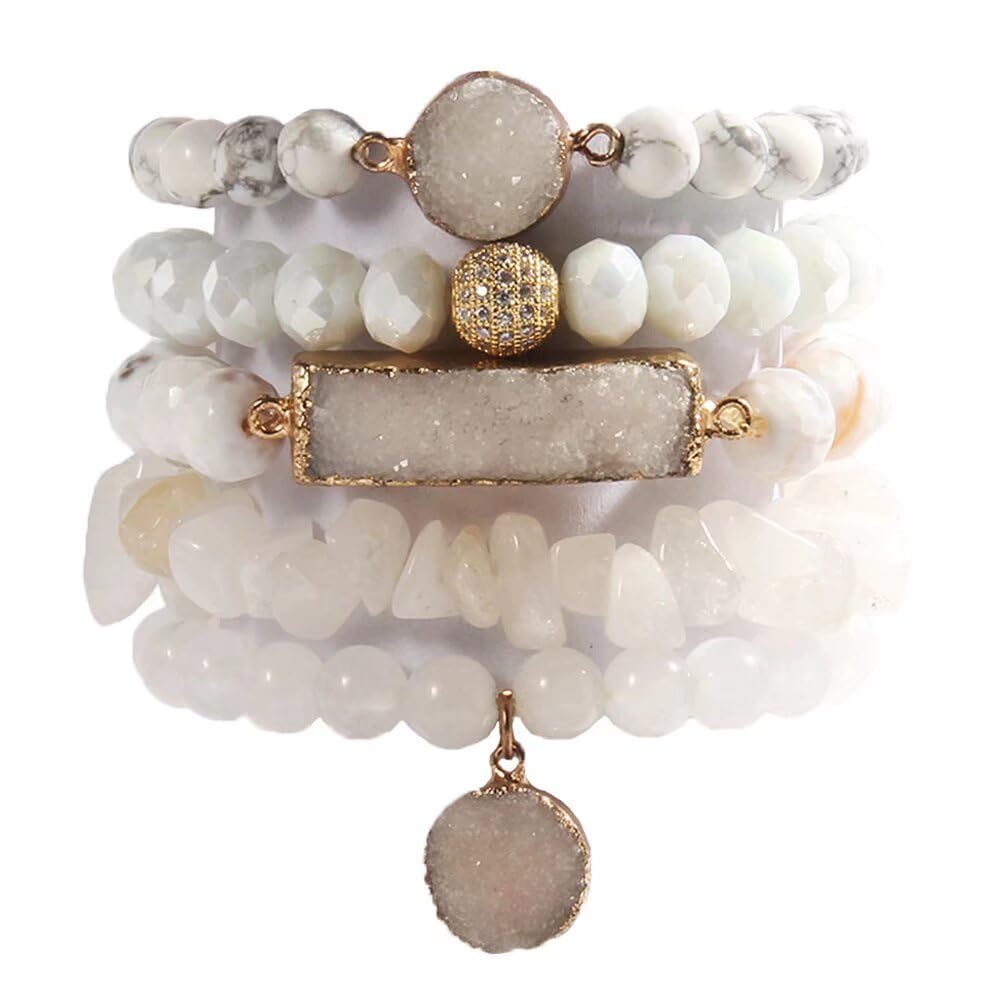 Yomisa 5PCS Natural Boho Beaded Bracelets for Women Men,Healing Turquoise Jasper Agate Crystal Gemstone Stone Diamond Chakra Multilayer Wrap Bohemian Handmade Jewelry Beads Stretch Bracelet Set